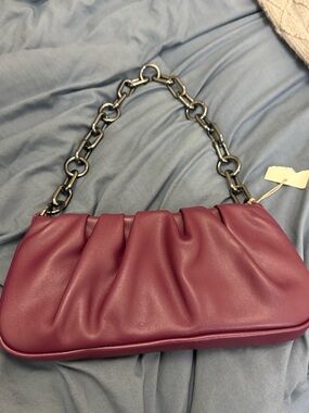 Plum Ruched Leather Shoulder Bag with Chain Strap